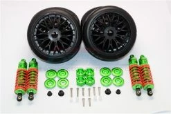 GPM Racing SLA087102FR-G-OR-BEBK | GPM Green Aluminium Traxxas Slash 4x4 17mm Hex Conversion Set W/ Radial On Road Wheels & Shocks 4Pcs