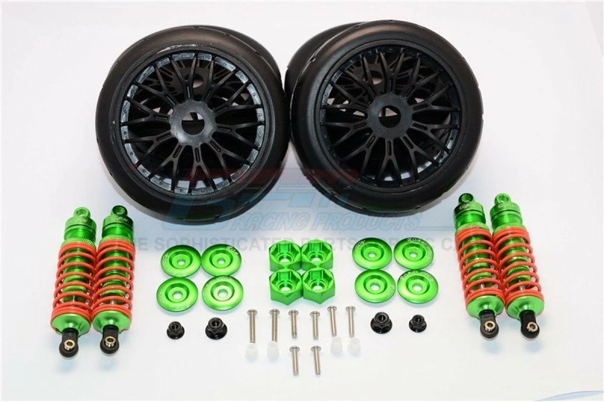 GPM Racing SLA087102FR-G-OR-BEBK | GPM Green Aluminium Traxxas Slash 4x4 17mm Hex Conversion Set W/ Radial On Road Wheels & Shocks 4Pcs