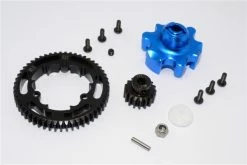 GPM Racing TXM355317T-B | GPM Hardened Steel 53T 1Mod Spur Gear & 17T Pinion Gear W/ Blue Aluminum Gear Adapter & Hardware