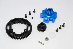 GPM Racing TXM355318T-B | GPM Hardened Steel 53T 1Mod Spur Gear & 18T Pinion Gear W/ Blue Aluminum Gear Adapter & Hardware