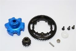 GPM Racing TXM355515T-B | GPM Hardened Steel 55T 1Mod Spur Gear & 15T Pinion Gear W/ Blue Aluminum Gear Adapter & Hardware
