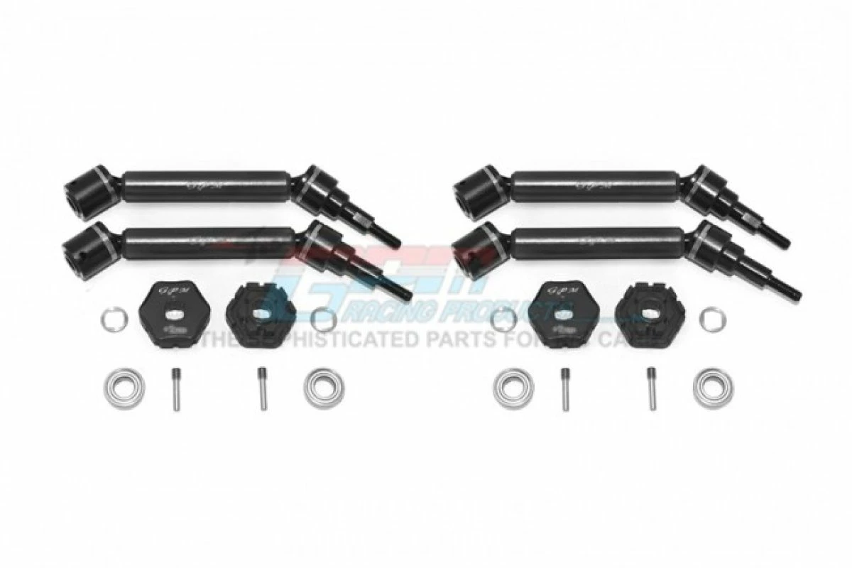 GPM Racing TXMS123AHEX2-BK | GPM Black Aluminium & Harden Steel Maxx 4S Front And Rear Universal Drive Shafts Set 4Pcs W/ 17mm Clawed +2mm Off-Set Wheel Hexes & Hardware