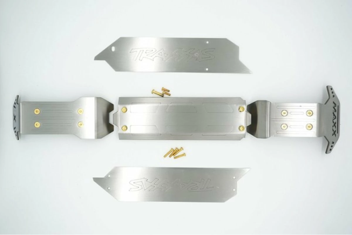 GPM Racing TXMSZSP1A-OC | GPM Stainless Steel Maxx 4S Laser Version Front, Centre & Rear Chassis Skid Plate Set W/ Hardware - Image 3