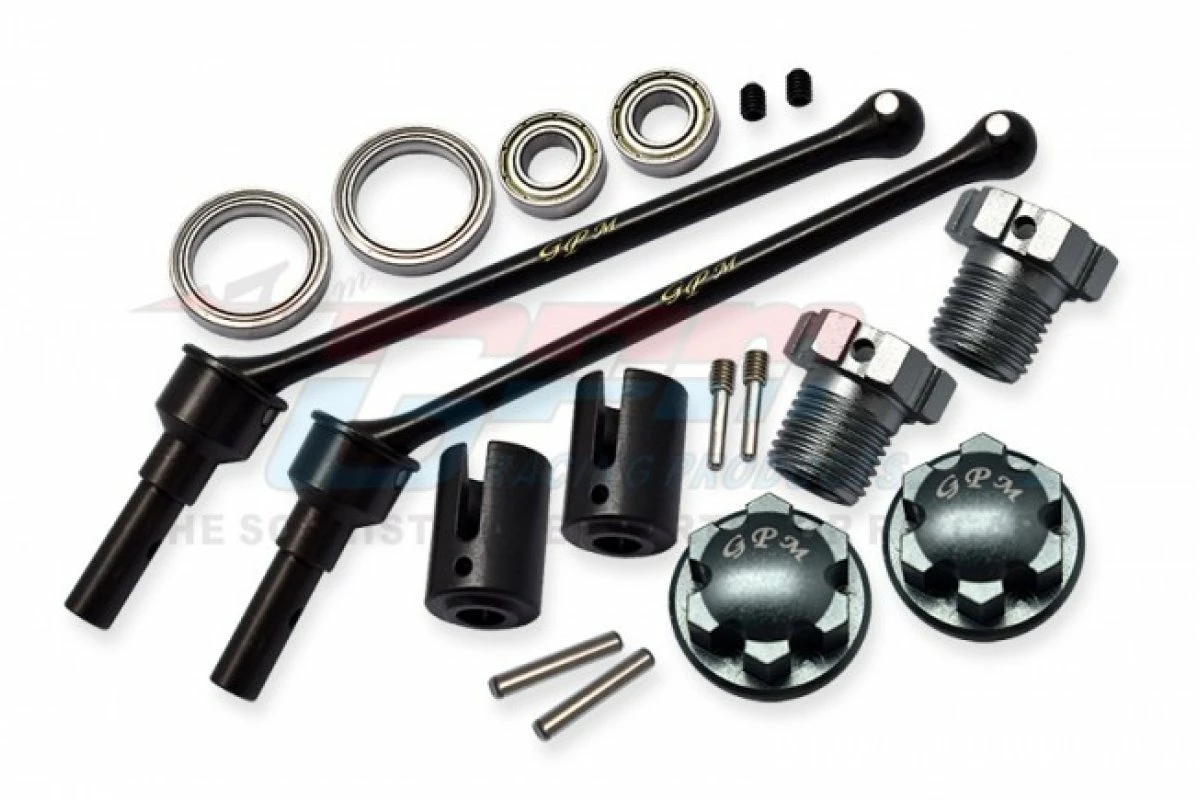 GPM Racing TXMW110F-RS-GS | GPM 110mm Hardened Steel Front/Rear CVD Shaft 2Pcs W/ Grey Aluminium Wheel Lock & Hex Claw Set