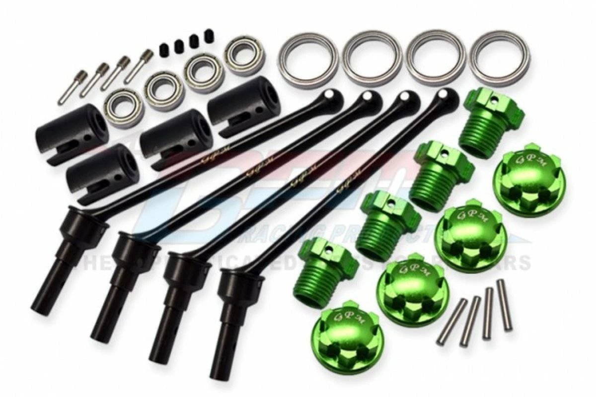 GPM Racing TXMW110FRS-G | GPM Traxxas Maxx 110mm Hard Steel Front & Rear CVD Shaft W/ Green Aluminium Wheel Lock & Hex Claw Set